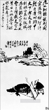  lluvia Lienzo - Qi Baishi arando bajo la lluvia tinta china antigua